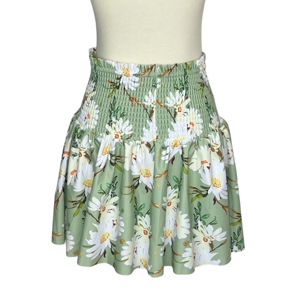 Retro Pale Green Floral Shirred High Waist Drawstring Beach Skirt - Picture 12 of 16